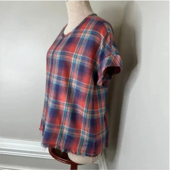 Anthropologie Cloth & Stone Button Back Short Sleeve Plaid High Low Size Medium - Picture 6 of 8